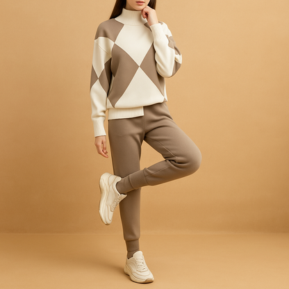 Women’s lounge set with comfortable sweatshirt and joggers in beige, red, blue, and black, ideal for relaxing at home or casual outings