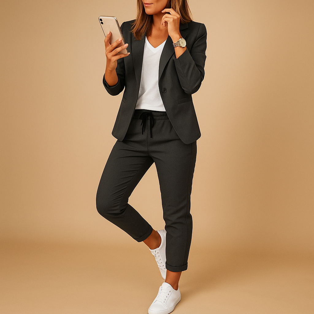 Women’s tailored blazer and trouser set in lavender, black, beige, dark grey, and auburn—perfect for workdays and elegant evenings