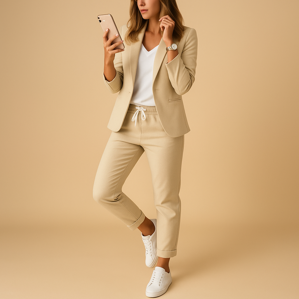 Women’s tailored blazer and trouser set in lavender, black, beige, dark grey, and auburn—perfect for workdays and elegant evenings
