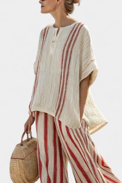 Textured Red-Stripe Top and Linen Pants Set | Women's Outfit 2
