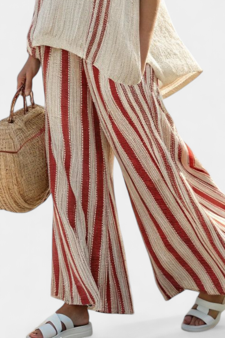 Textured Red-Stripe Top and Linen Pants Set | Women's Outfit 3