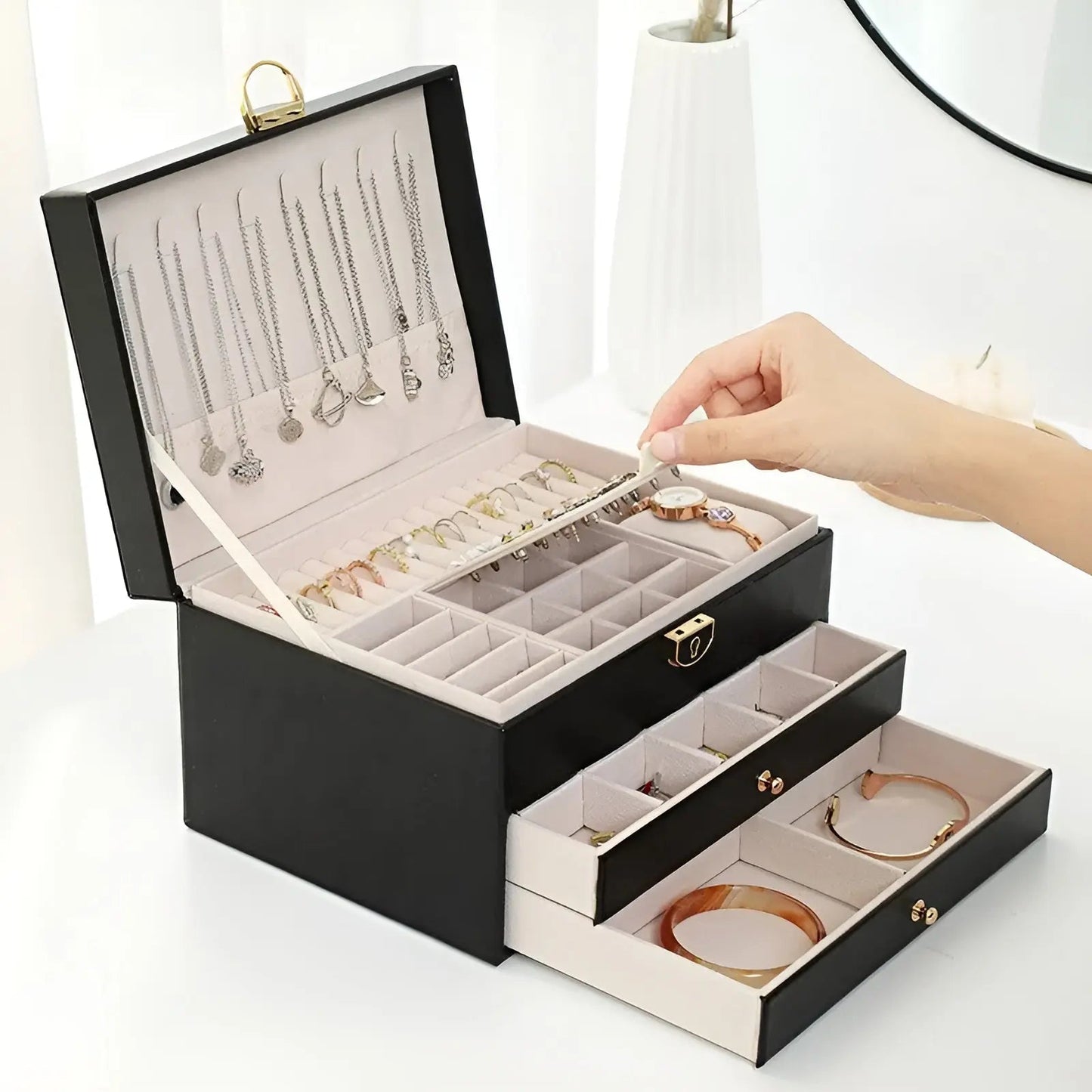 Stylish Jewellery Box with Multiple Layers in Faux Leather - Luxivelle