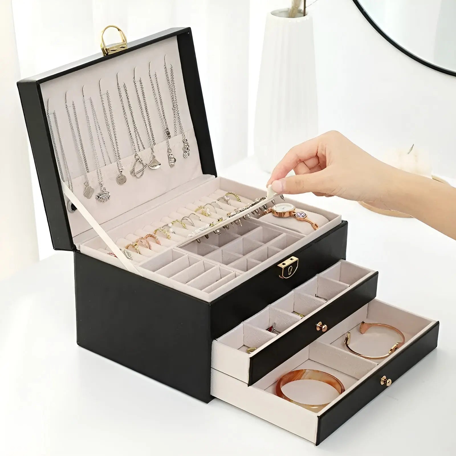 Stylish Jewellery Box with Multiple Layers in Faux Leather - Luxivelle