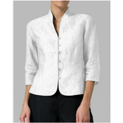 Brynna Women's Blouse - Chambray Fabric, Elegant Stand-Up Collar-5