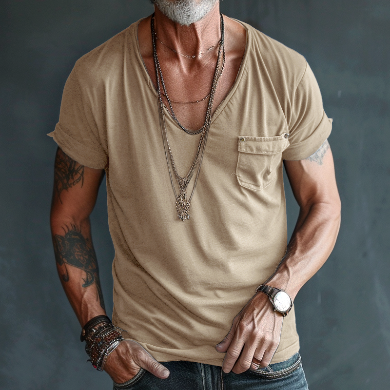 V-Neck with Pocket T Shirt for Men | Casual | Khaki