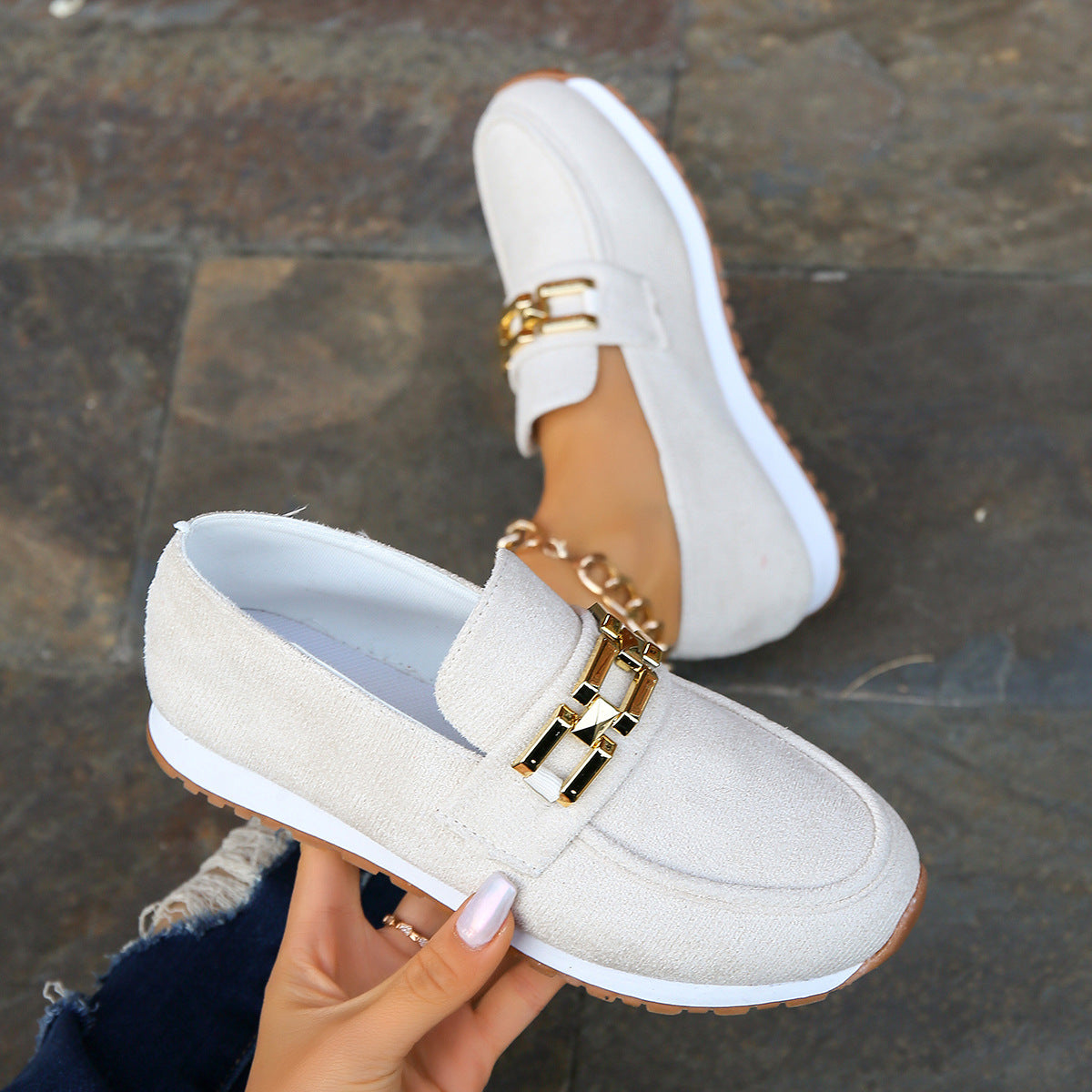 Luxury Suede Slip On Shoes with Gold Details