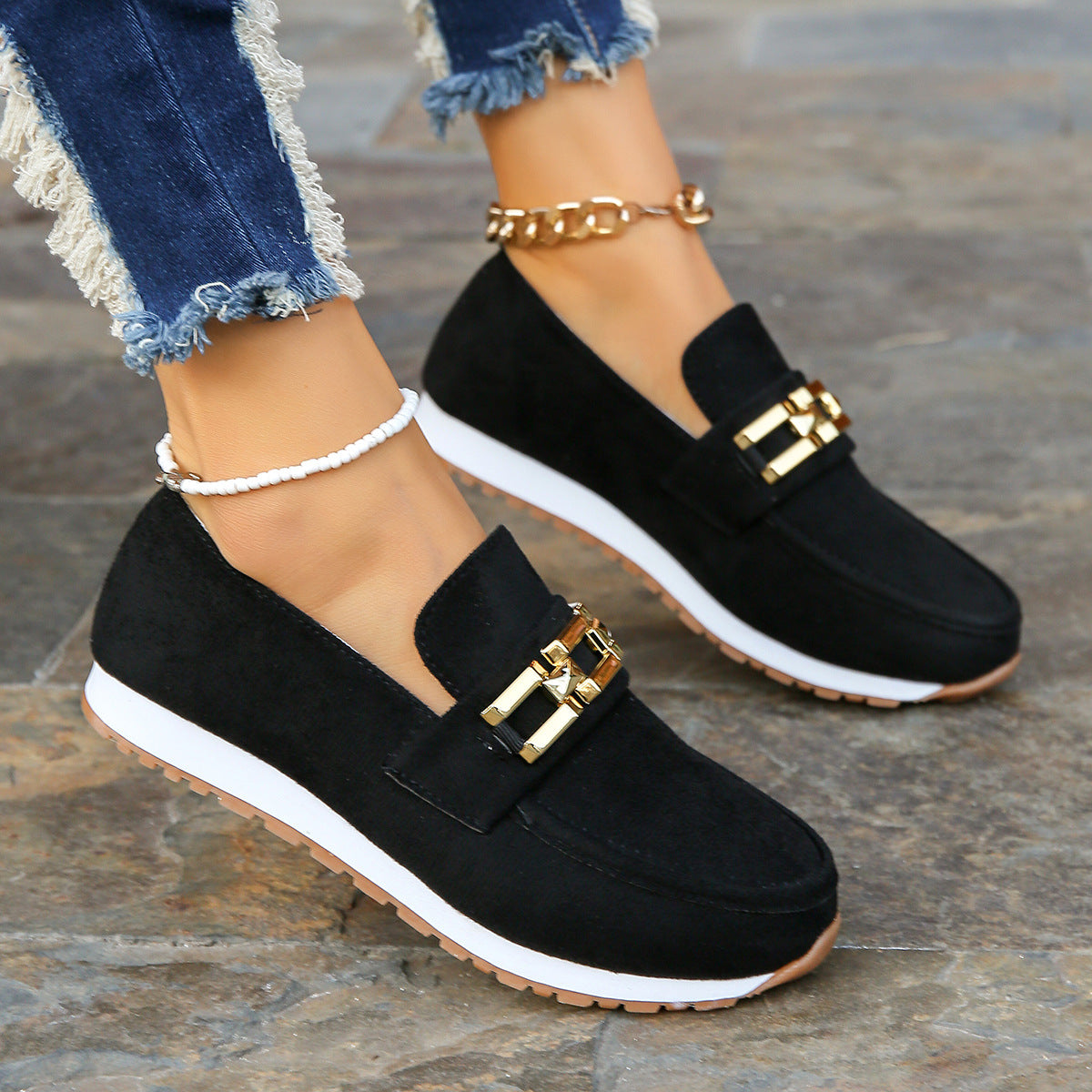 Luxury Suede Slip On Shoes with Gold Details