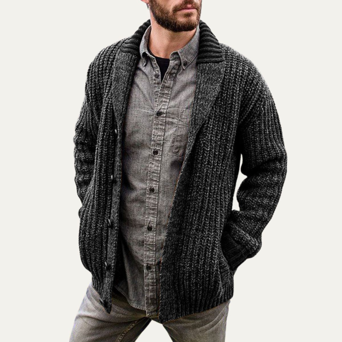 VogeLuxe | Men’s Chunky Knit Shawl Collar Cardigan 2