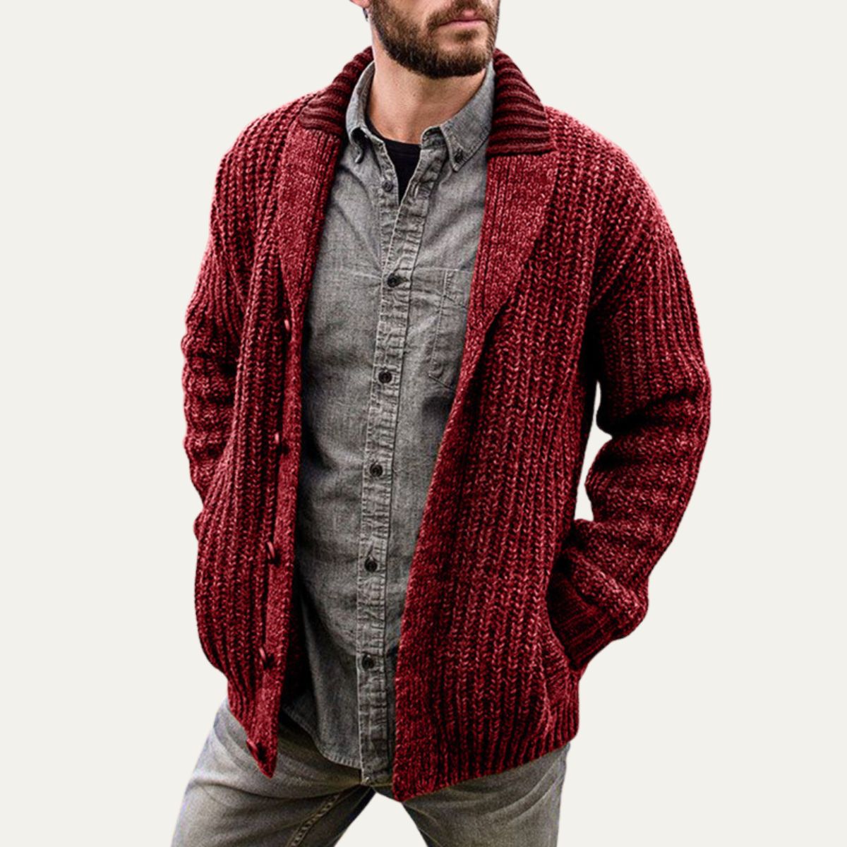 VogeLuxe | Men’s Chunky Knit Shawl Collar Cardigan 3