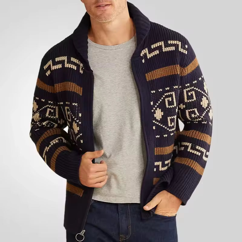 VogeLuxe | Men’s Chunky Shawl Collar Fair Isle Knit Cardigan 0