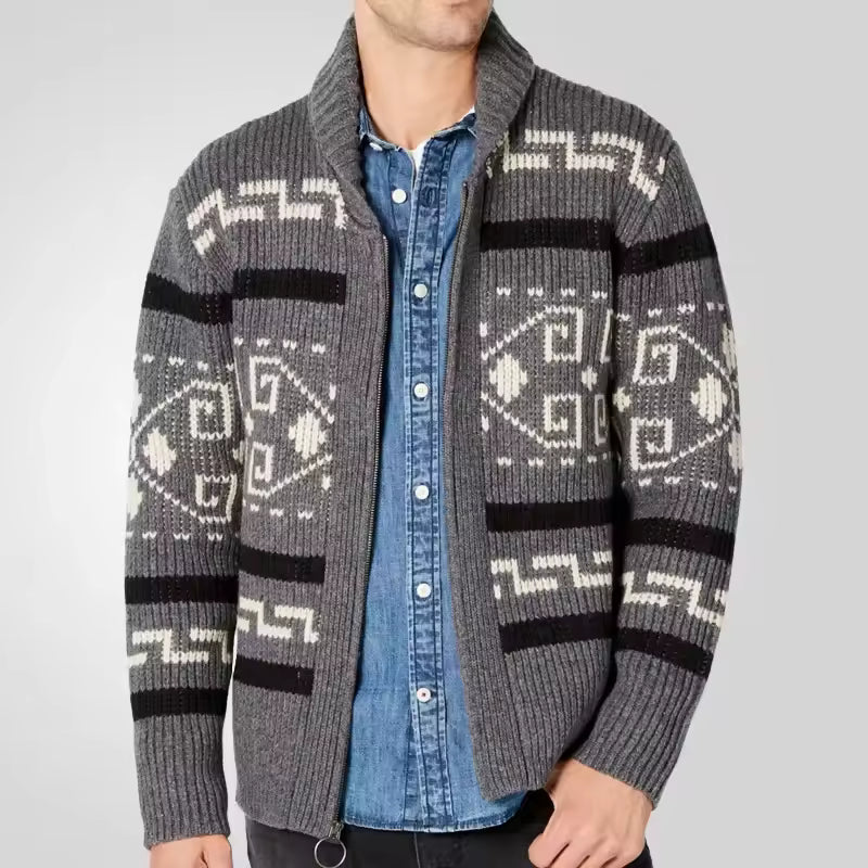 VogeLuxe | Men’s Chunky Shawl Collar Fair Isle Knit Cardigan 1