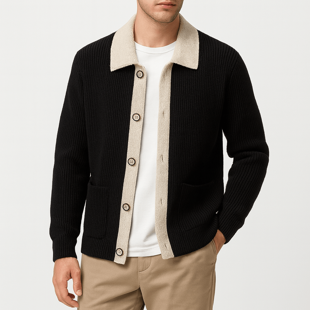 VogeLuxe | Men’s Contrast Collar Knit Cardigan 1