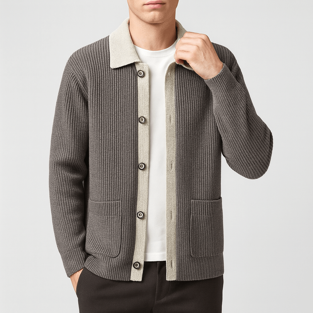 VogeLuxe | Men’s Contrast Collar Knit Cardigan 2