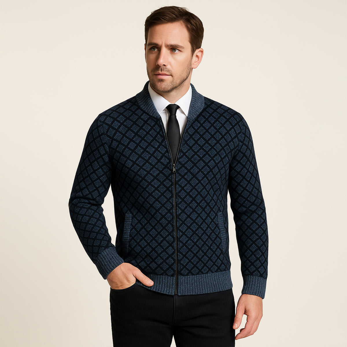VogeLuxe | Men’s Geometric Pattern Bomber Cardigan 7
