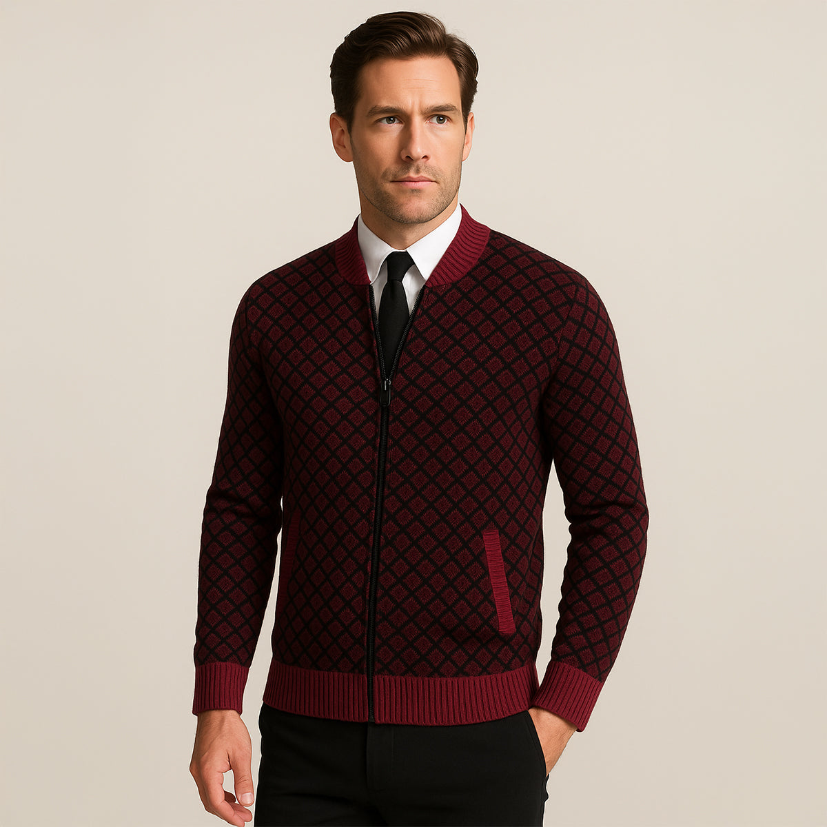 VogeLuxe | Men’s Geometric Pattern Bomber Cardigan 9