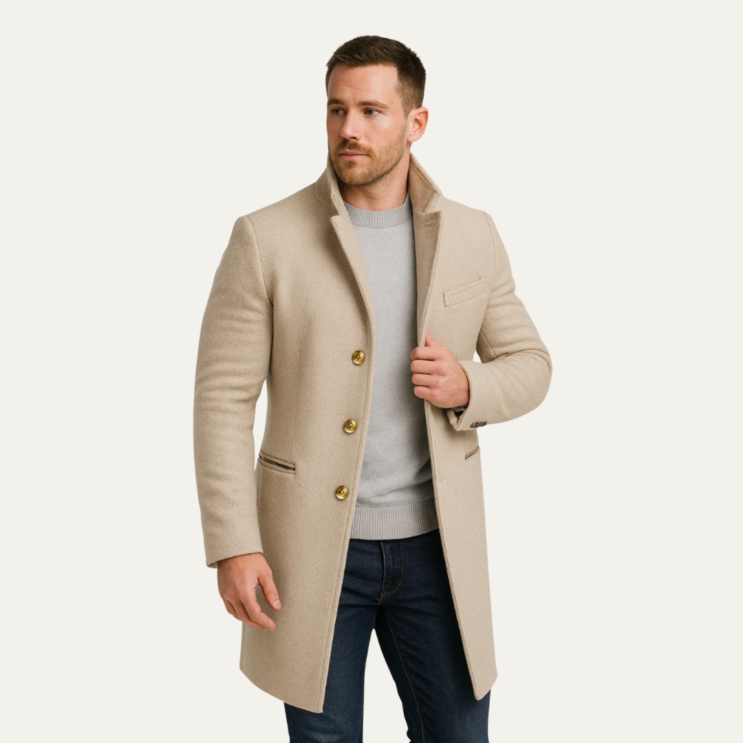VogeLuxe | Men’s Gold-Button Mid-Length Topcoat 1
