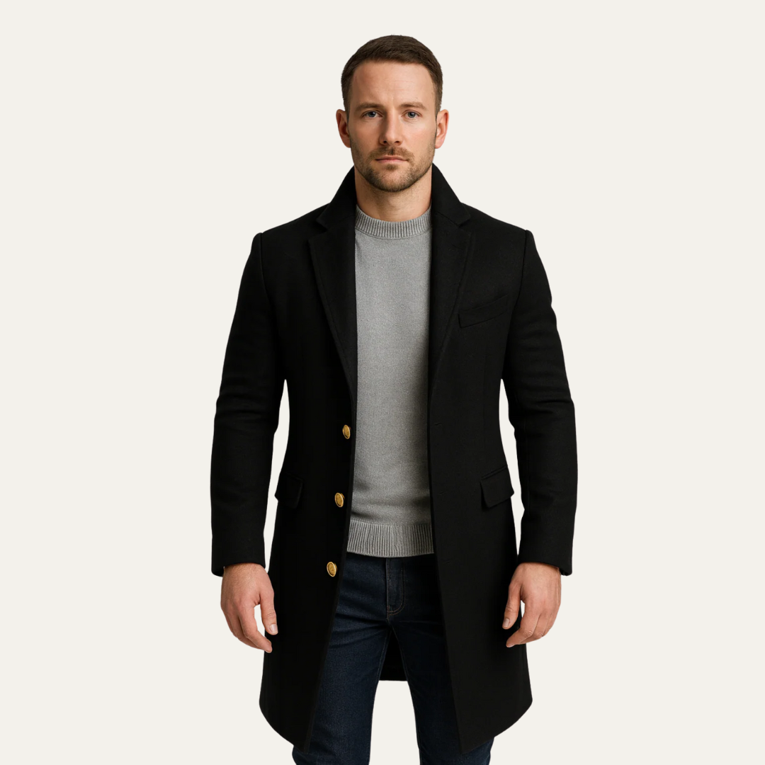 VogeLuxe | Men’s Gold-Button Mid-Length Trench Coat 0