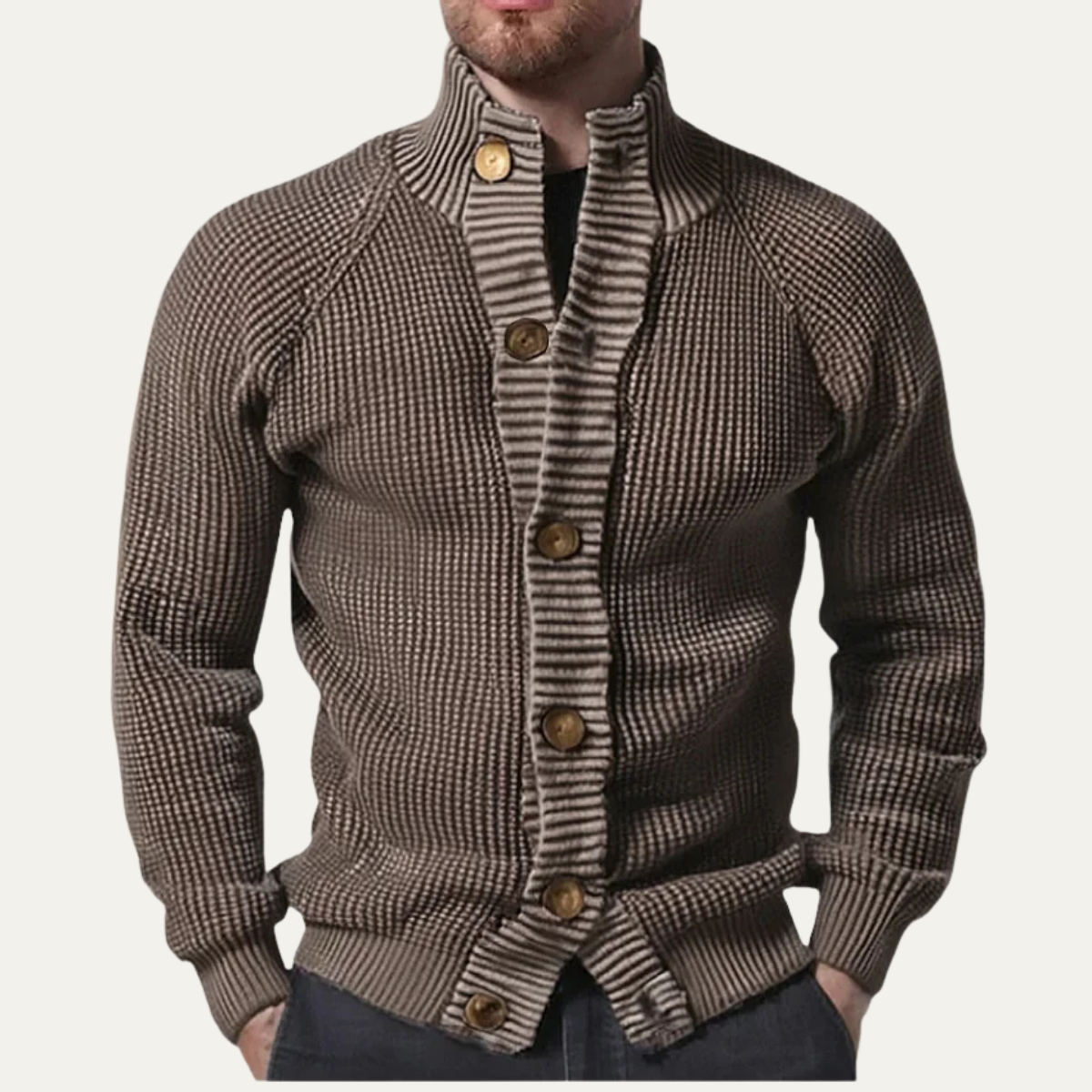 VogeLuxe | Men’s High-Neck Waffle Knit Cardigan 1