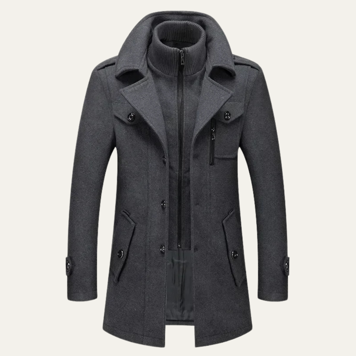 VogeLuxe | Men’s Layered Mock-Neck Peacoat Jacket 0