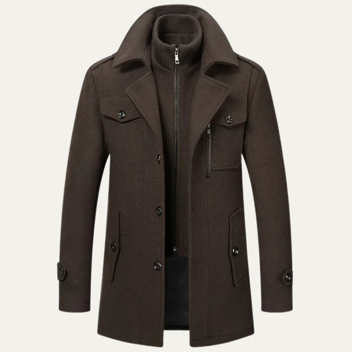VogeLuxe | Men’s Layered Mock-Neck Peacoat Jacket 7