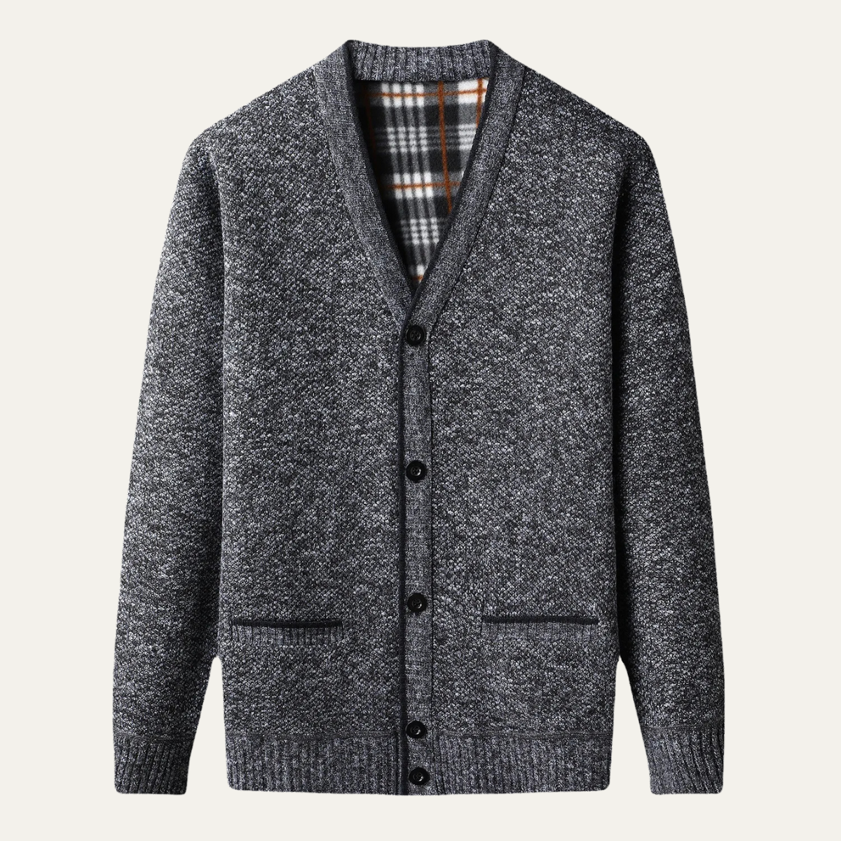 VogeLuxe | Men’s Mottled Knit Plaid Cardigan 2
