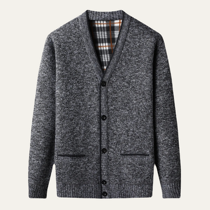 VogeLuxe | Men’s Mottled Knit Plaid Cardigan 2