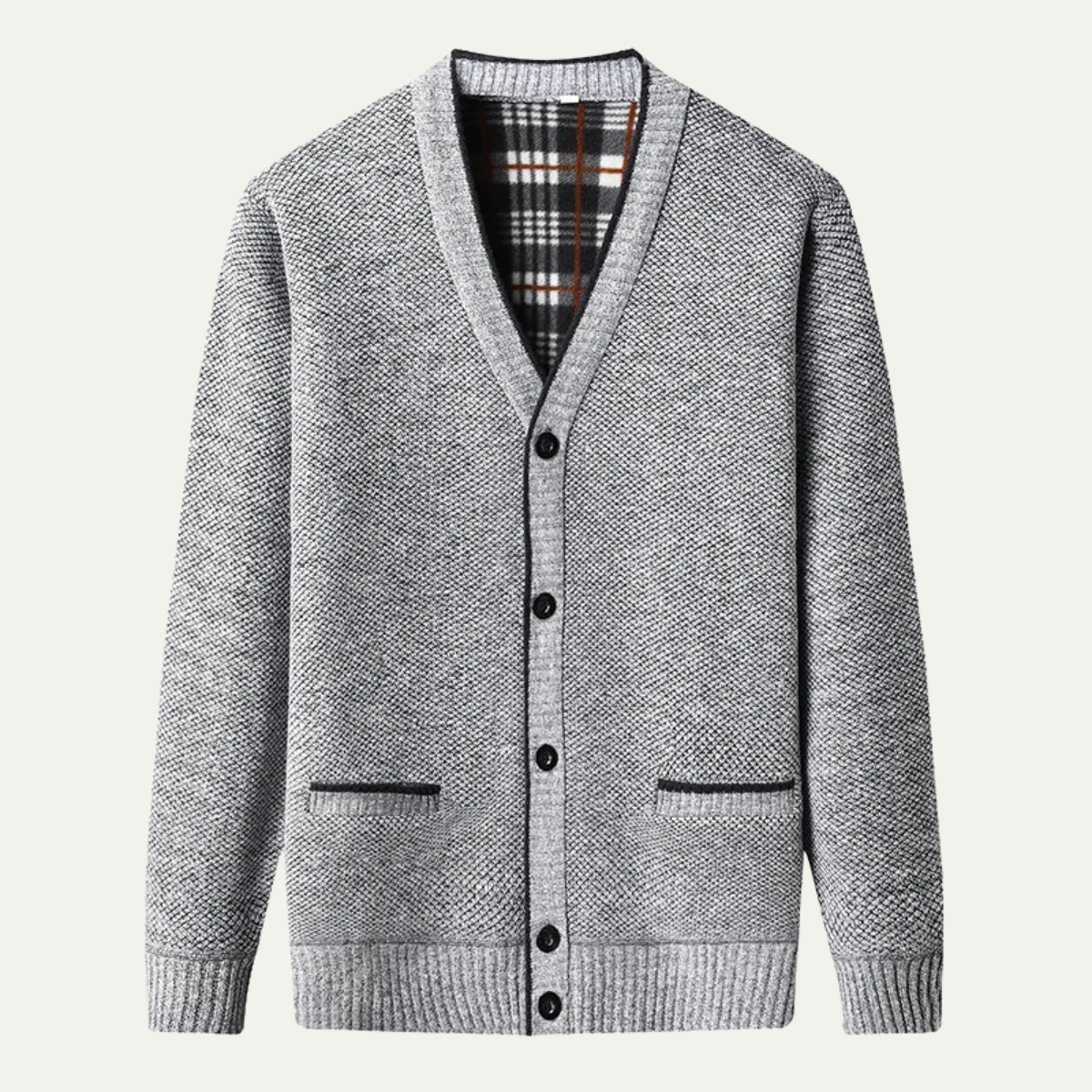 VogeLuxe | Men’s Mottled Knit Plaid Cardigan 3