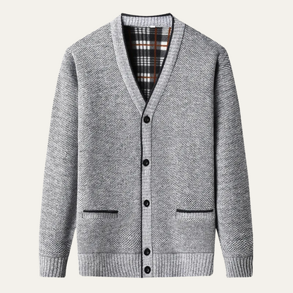 VogeLuxe | Men’s Mottled Knit Plaid Cardigan 3