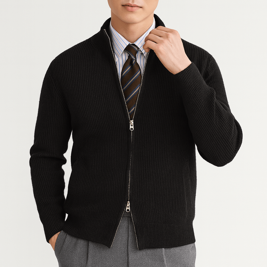 VogeLuxe | Men’s Pure Wool Zip-Up Cardigan 1