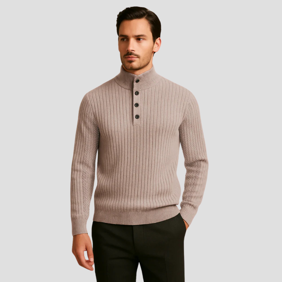 VogeLuxe | Men’s Ribbed Mock Neck Button Sweater 2