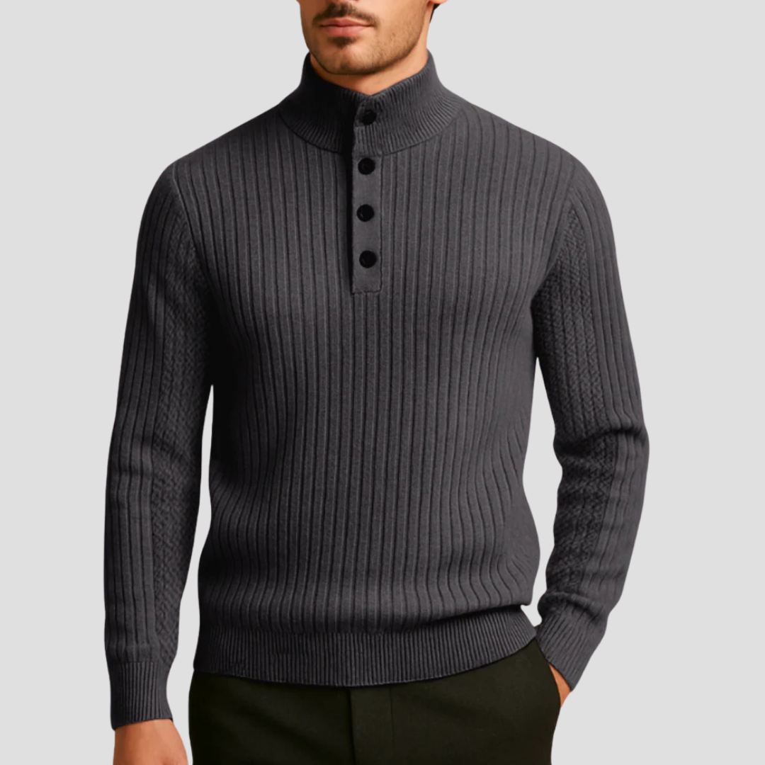 VogeLuxe | Men’s Ribbed Mock Neck Button Sweater 4