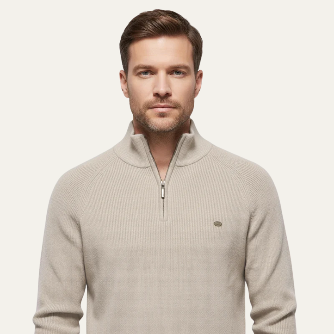 VogeLuxe | Men’s Ribbed Stand Collar Sweater with Quarter-Zip Closure 6