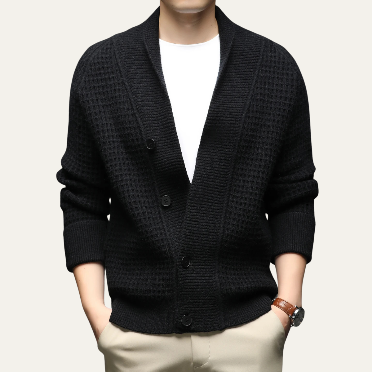VogeLuxe | Men’s Shawl-Collar Cardigan with Textured Knit 3