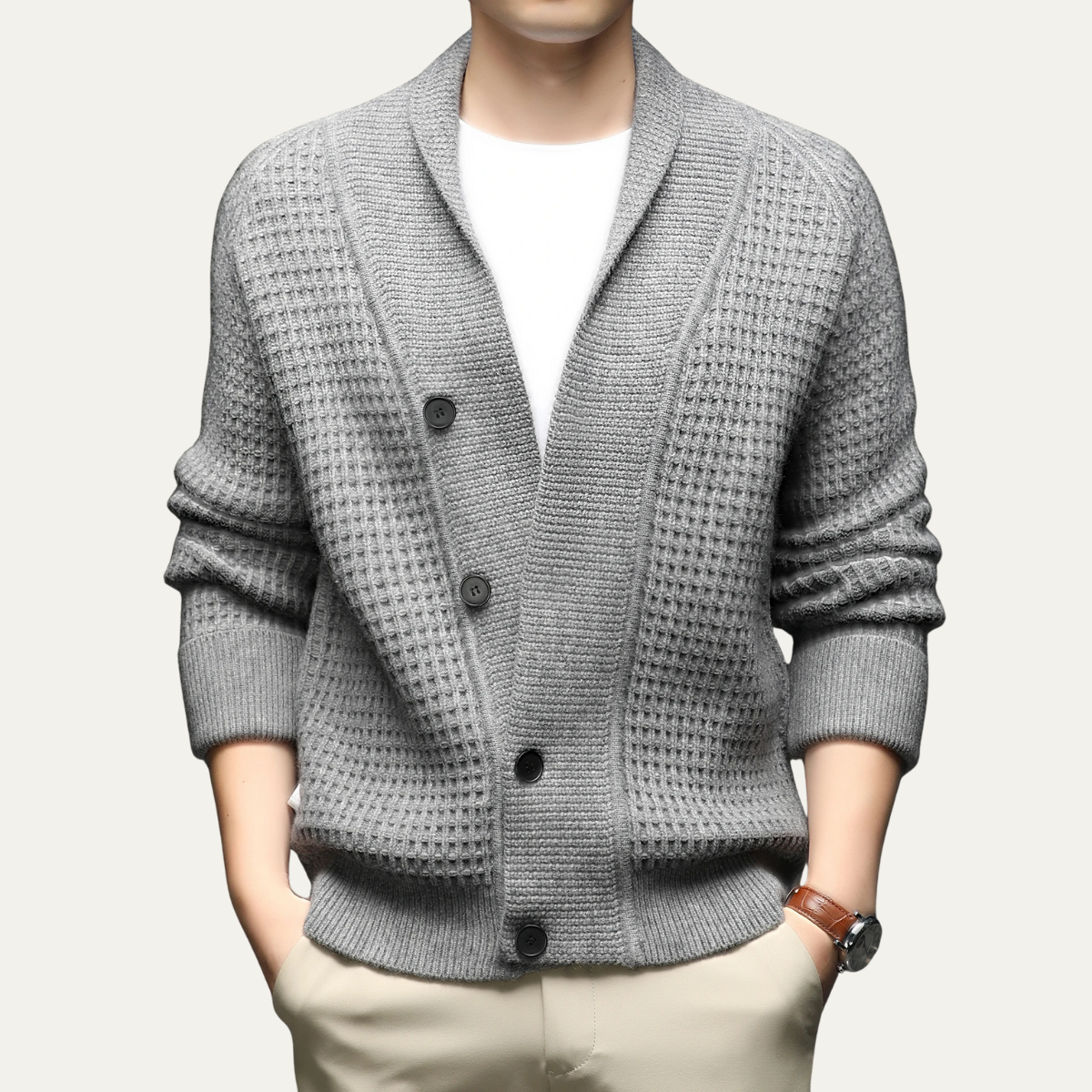 VogeLuxe | Men’s Shawl-Collar Cardigan with Textured Knit 4