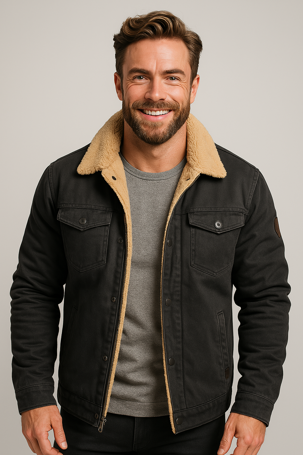 VogeLuxe | Men’s Shearling-Lined Snap-Front Trucker Jacket 4