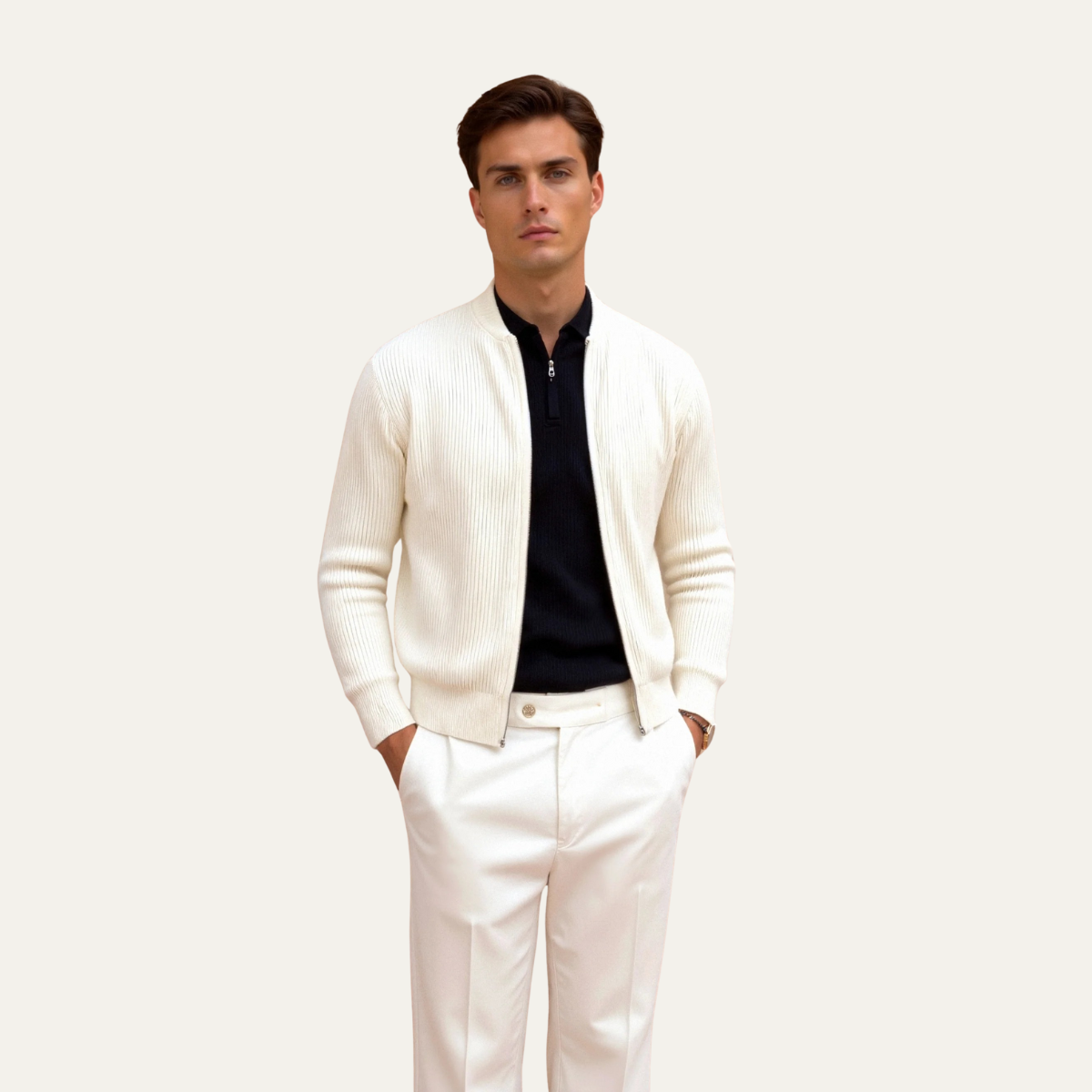 VogeLuxe | Men’s Sleek Ribbed Zip Bomber Sweater 3
