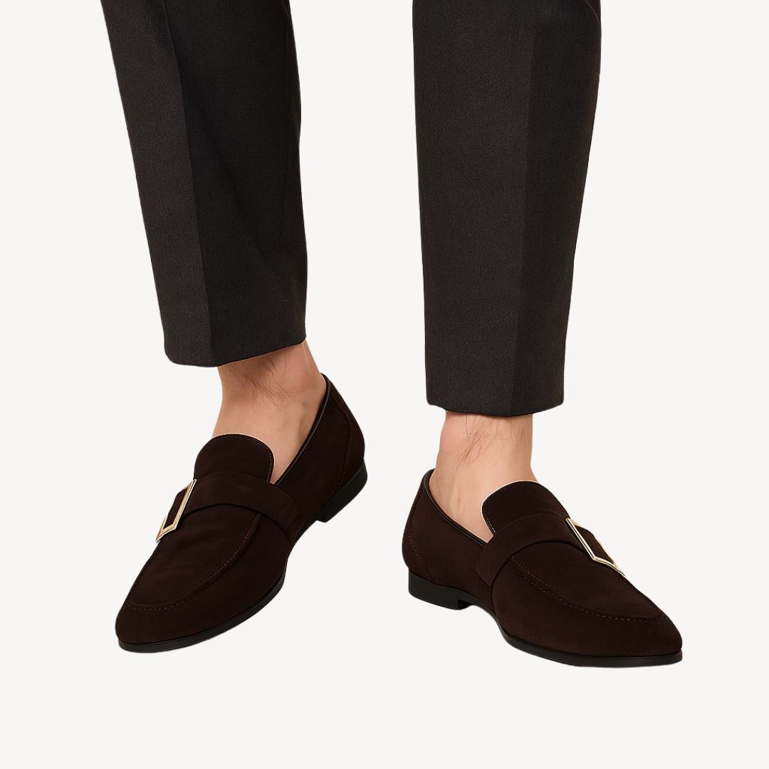 VogeLuxe | Men’s Suede Loafers with Silver Buckle Detail 1