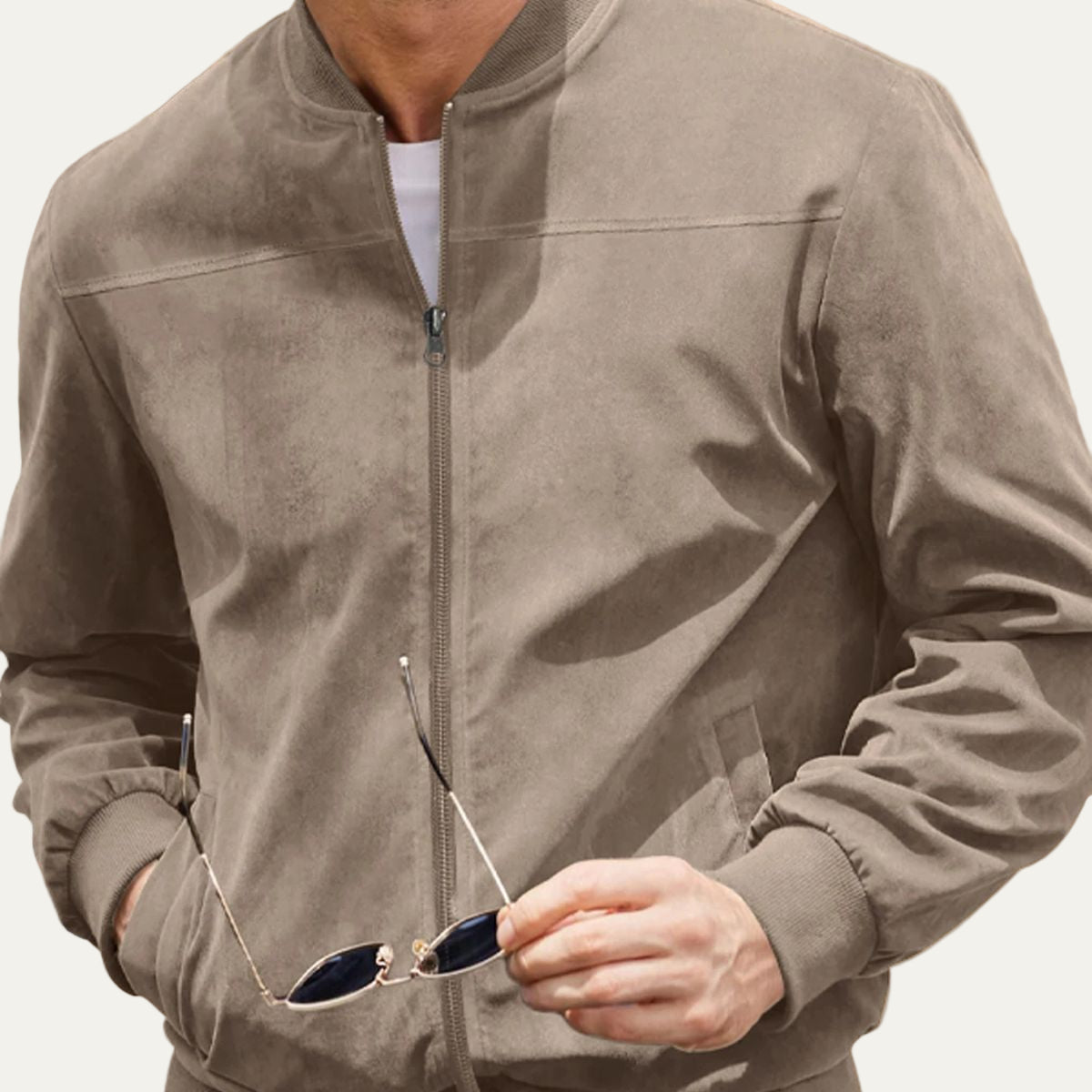 VogeLuxe | Men’s Suede Stand Collar Bomber Jacket 2