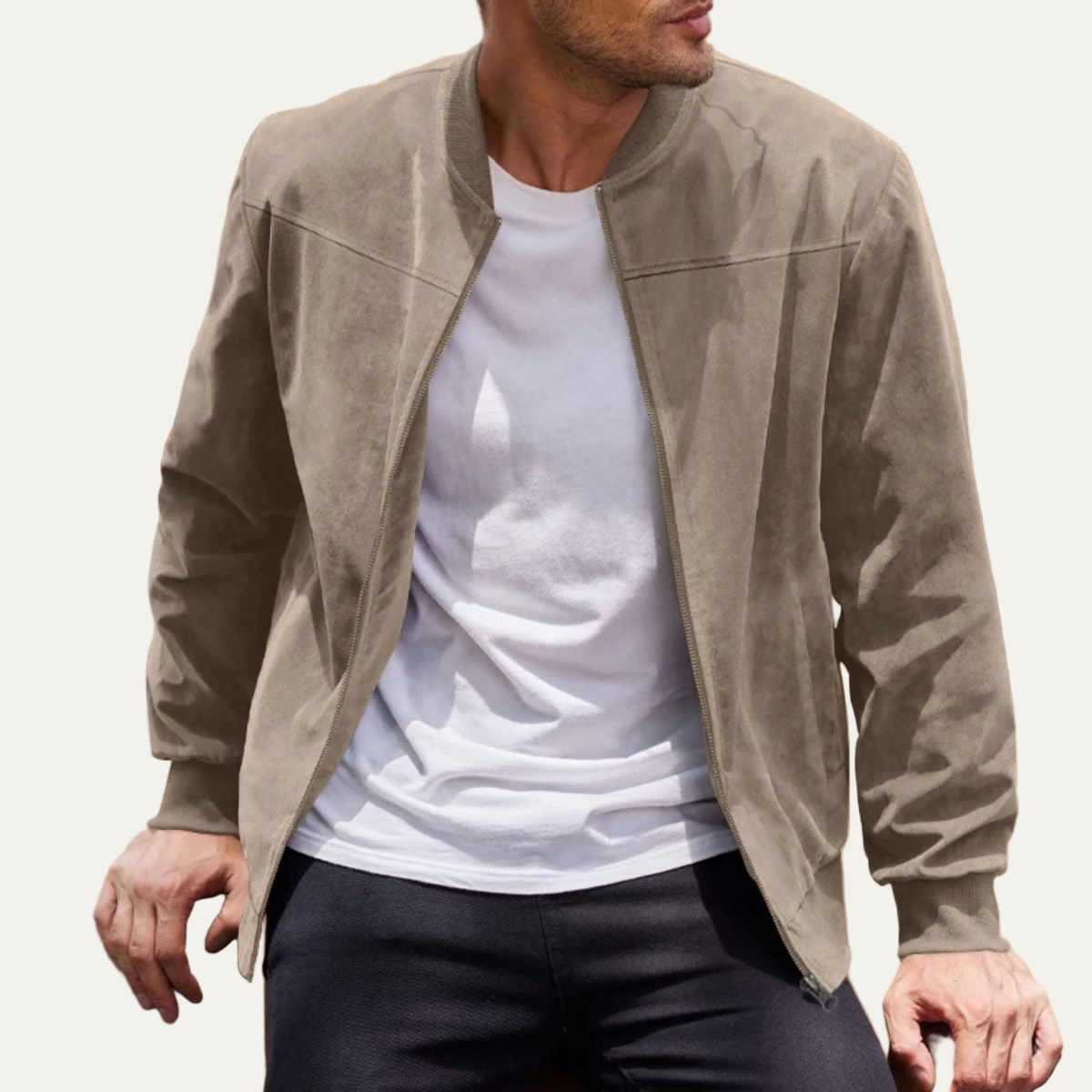 VogeLuxe | Men’s Suede Stand Collar Bomber Jacket 4