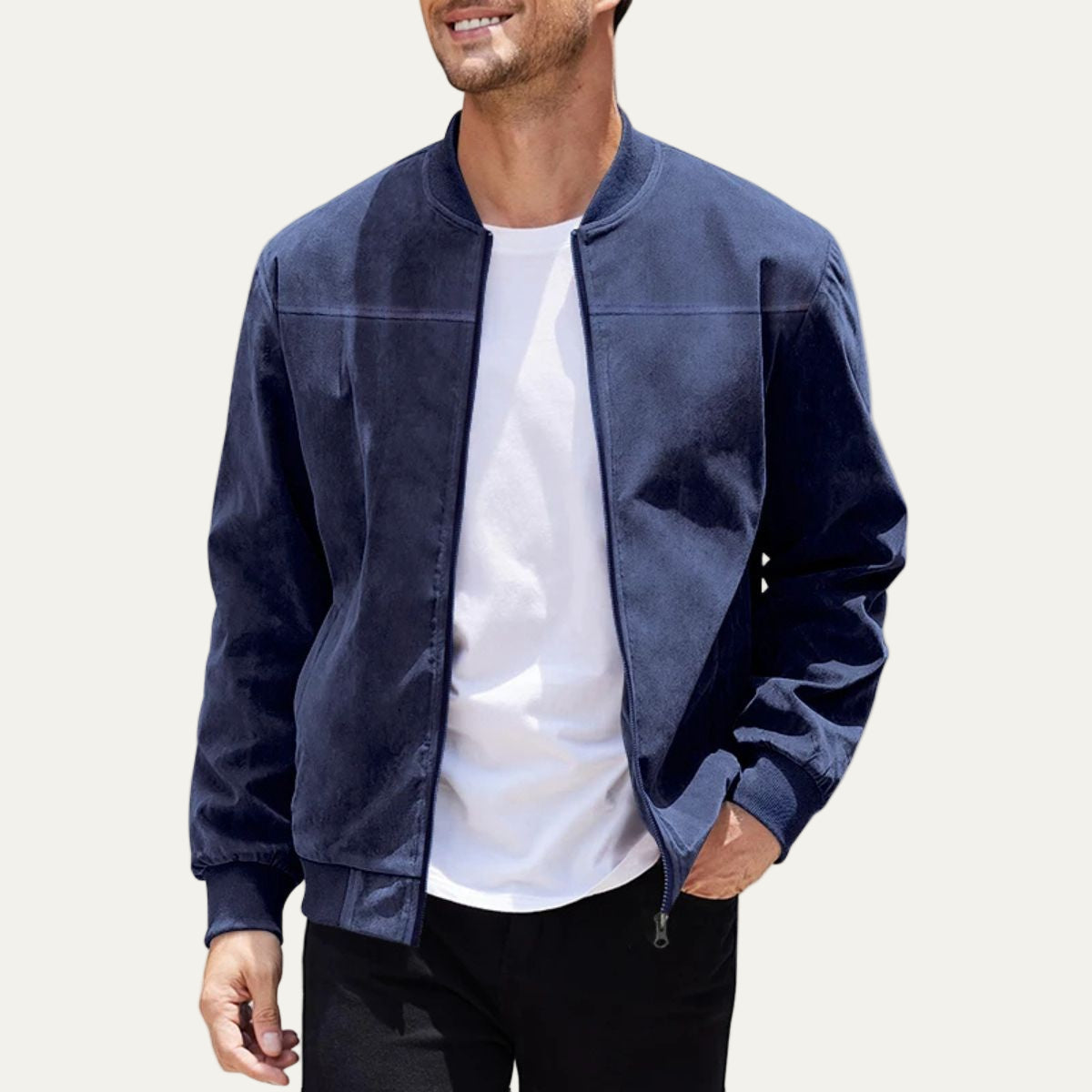 VogeLuxe | Men’s Suede Stand Collar Bomber Jacket 6