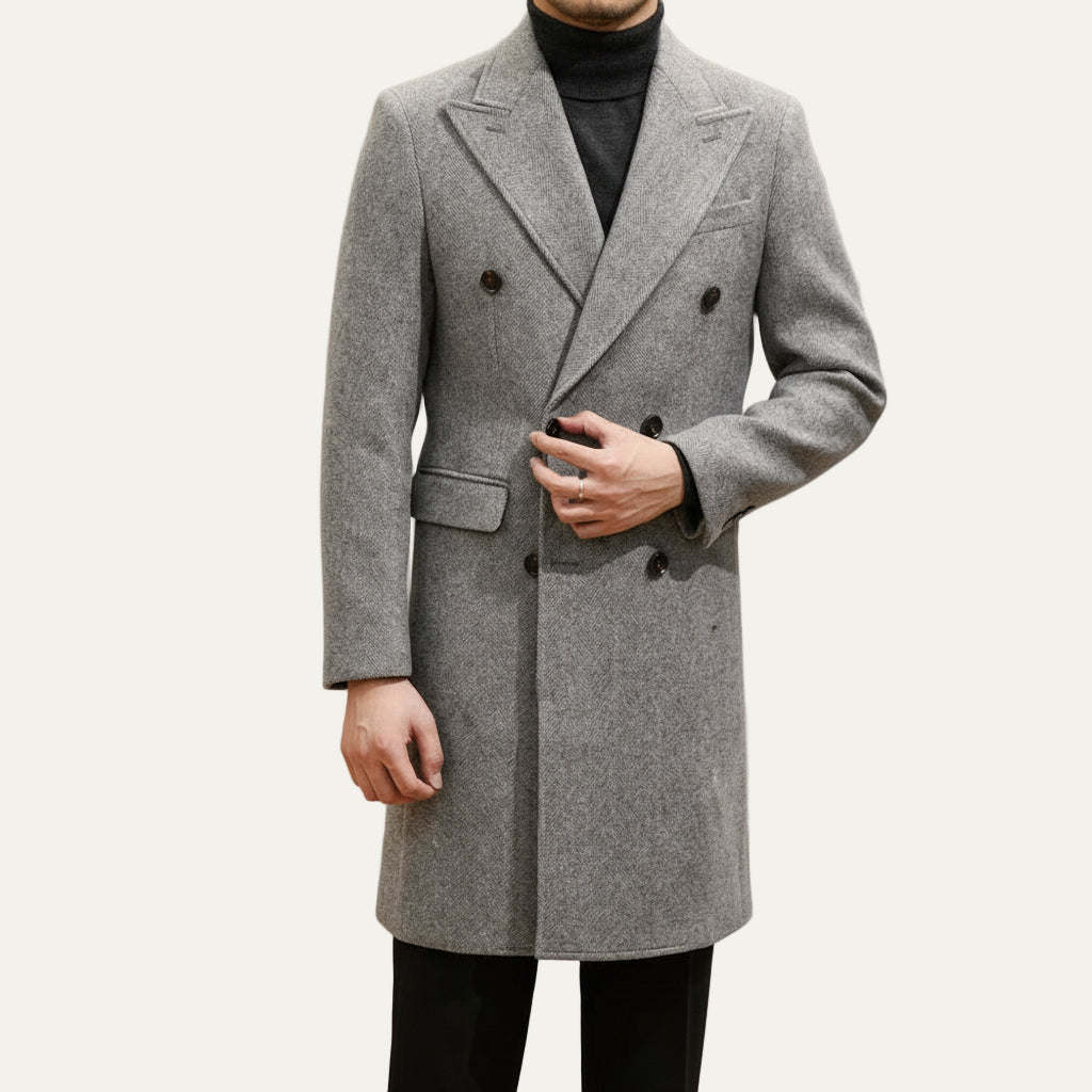 VogeLuxe | Men’s Textured Double-Breasted Mid-Length Overcoat 1