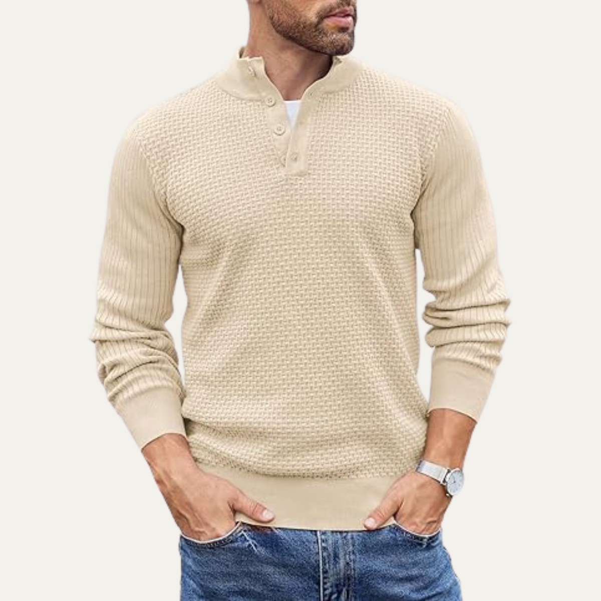 VogeLuxe | Men’s Textured Ribbed Henley Sweater 0