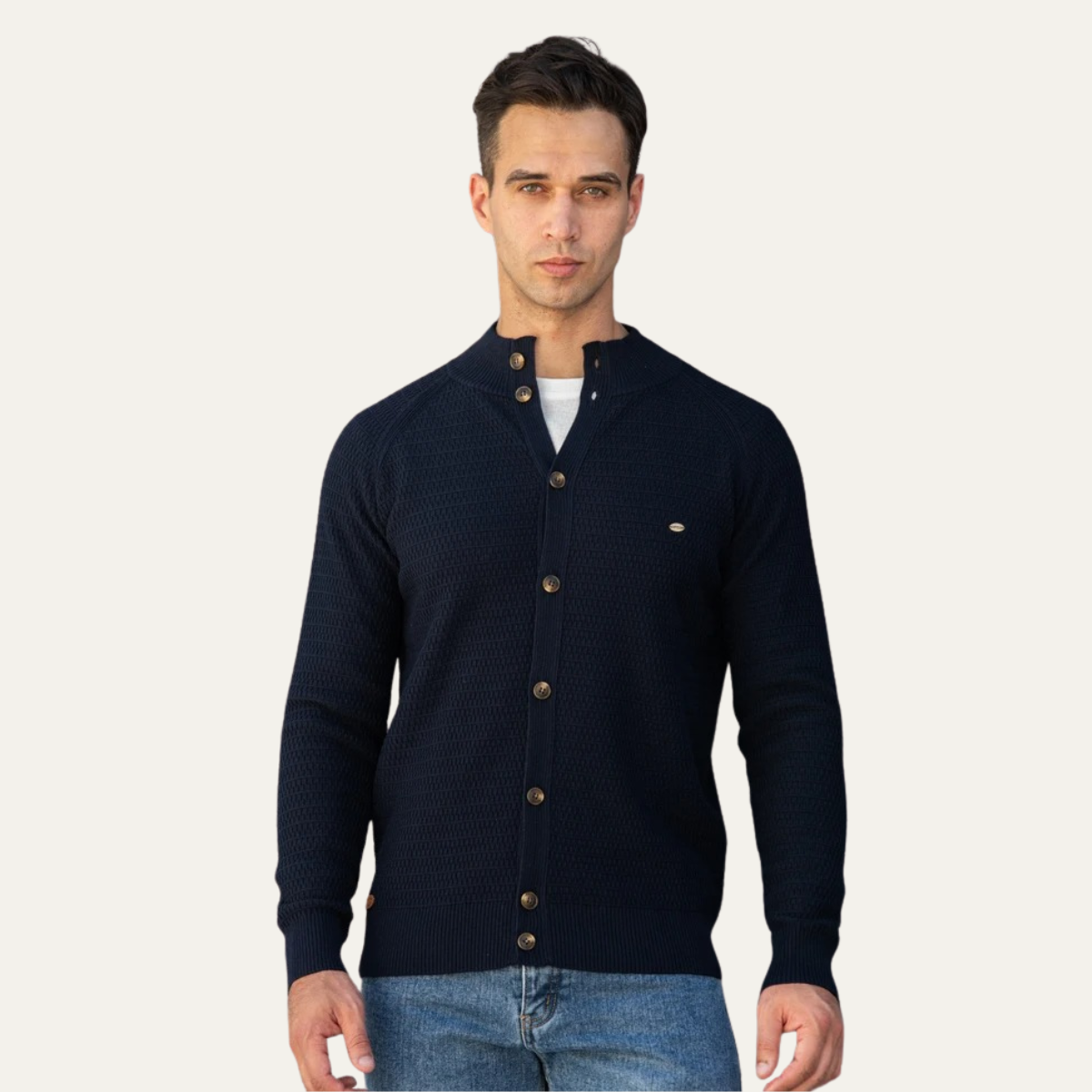 VogeLuxe | Men's Textured Stand Collar Cardigan 1