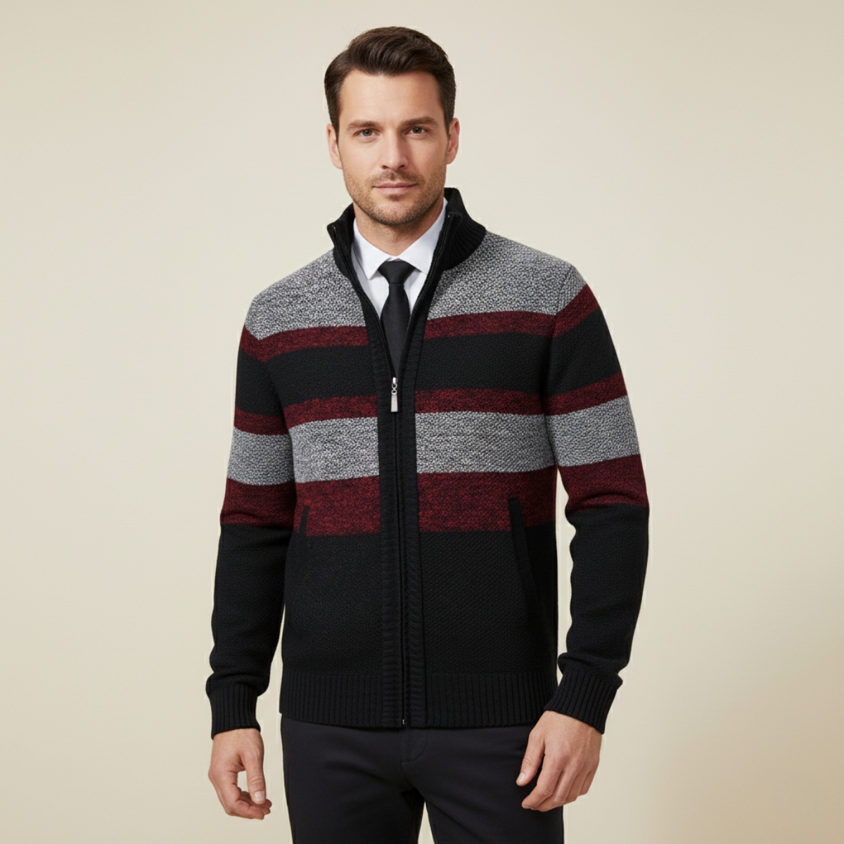 VogeLuxe | Men’s Three-Color Striped Full-Zip Cardigan 1