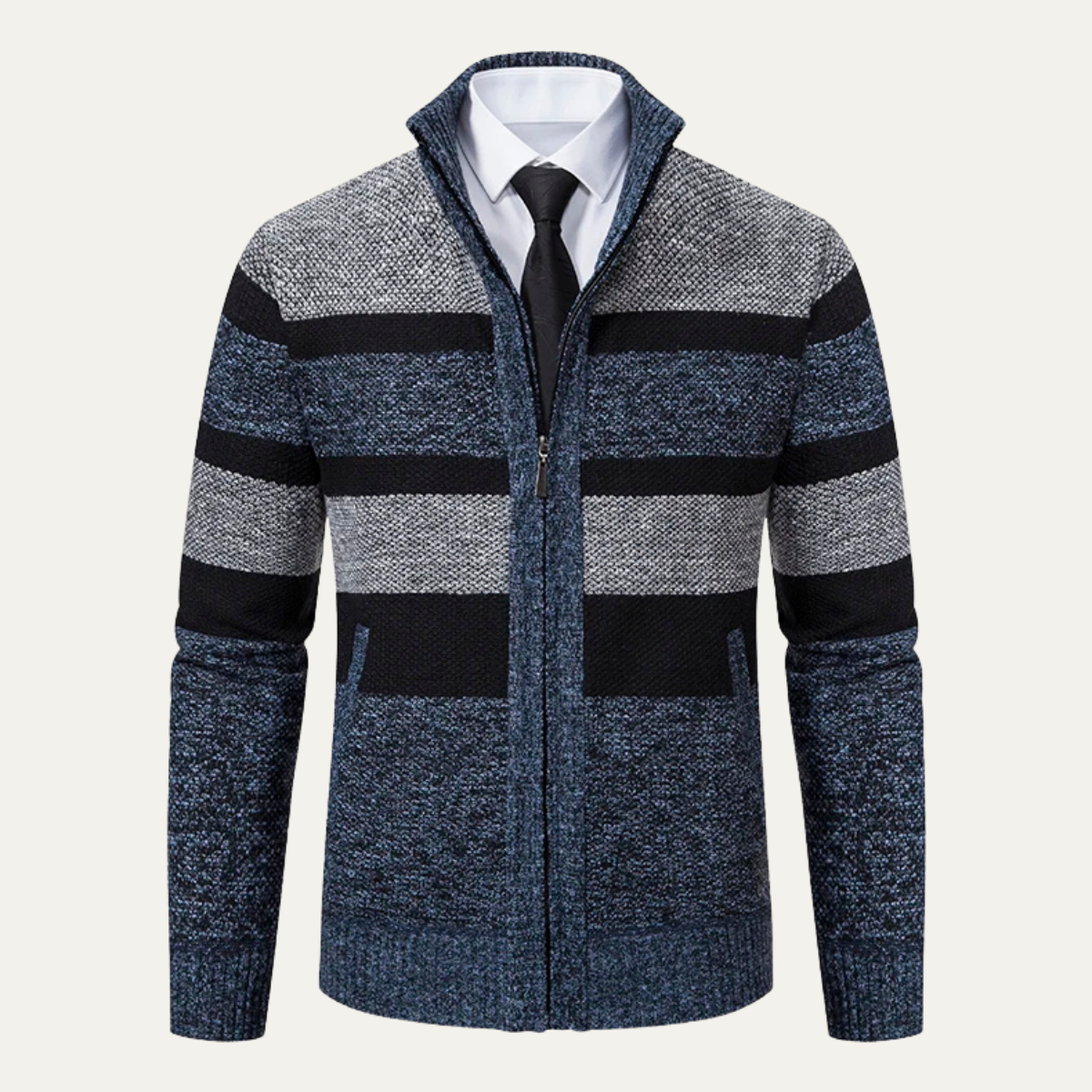VogeLuxe | Men’s Three-Color Striped Full-Zip Cardigan 4