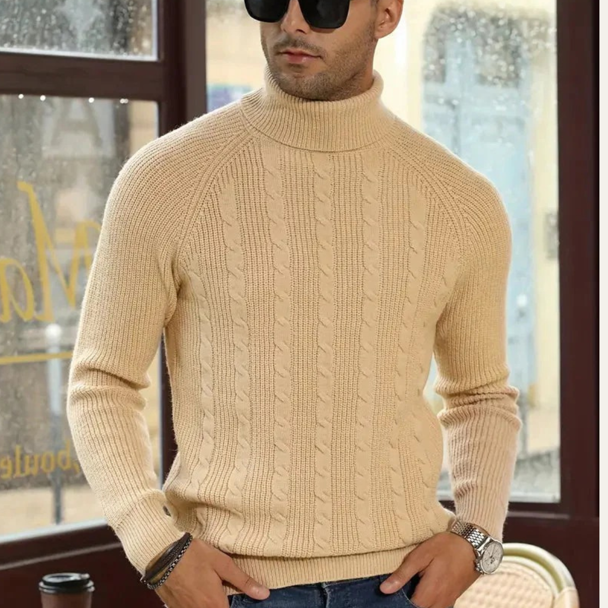 VogeLuxe | Men’s Turtleneck Sweater with Vertical Cable Knit Pattern 1