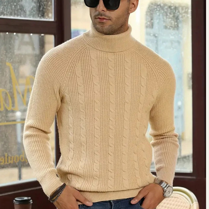 VogeLuxe | Men’s Turtleneck Sweater with Vertical Cable Knit Pattern 1