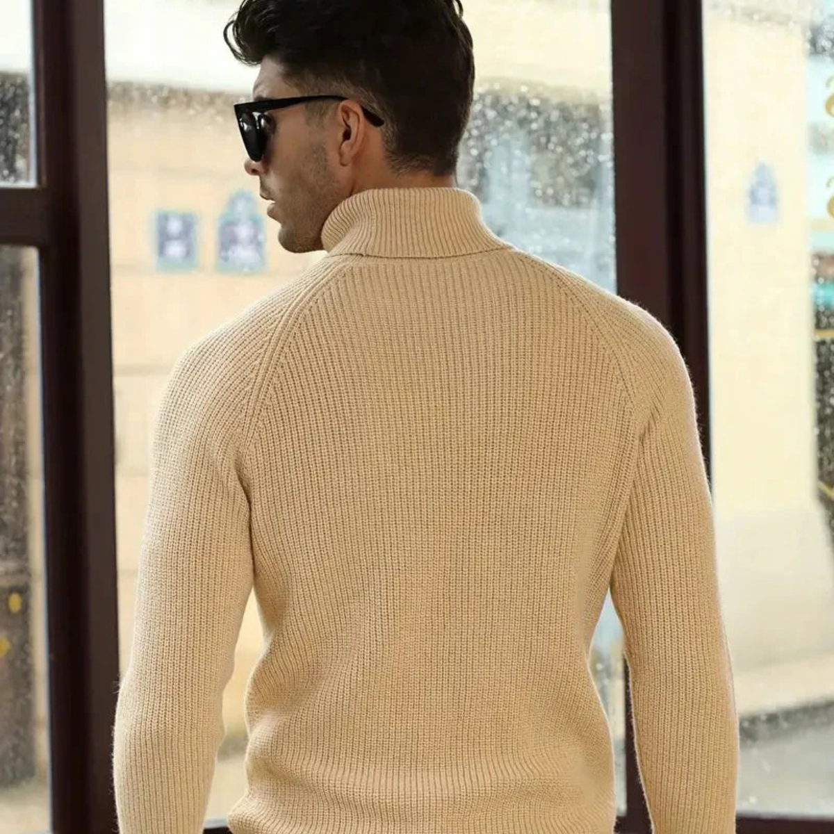 VogeLuxe | Men’s Turtleneck Sweater with Vertical Cable Knit Pattern 3