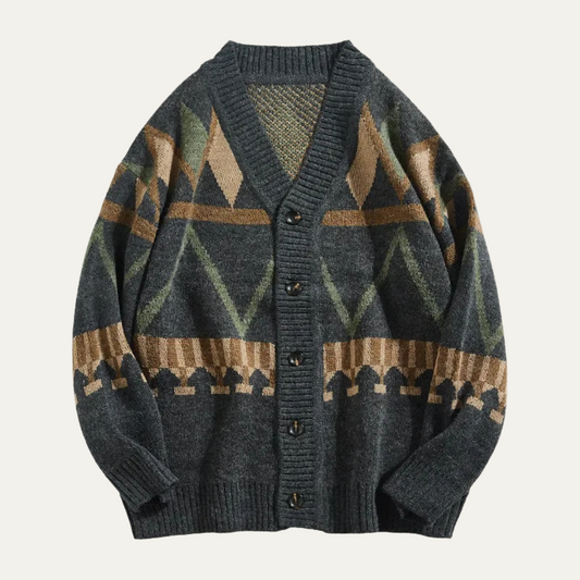 VogeLuxe | Men’s V-Neck Cardigan with Geometric Fair Isle Pattern 0