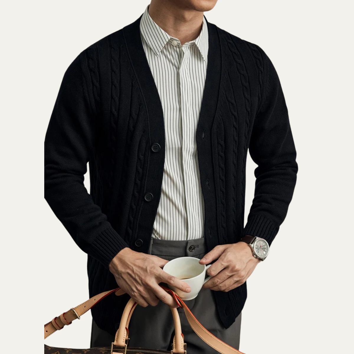VogeLuxe | Men’s V-Neck Cardigan with Ribbed Knit 5
